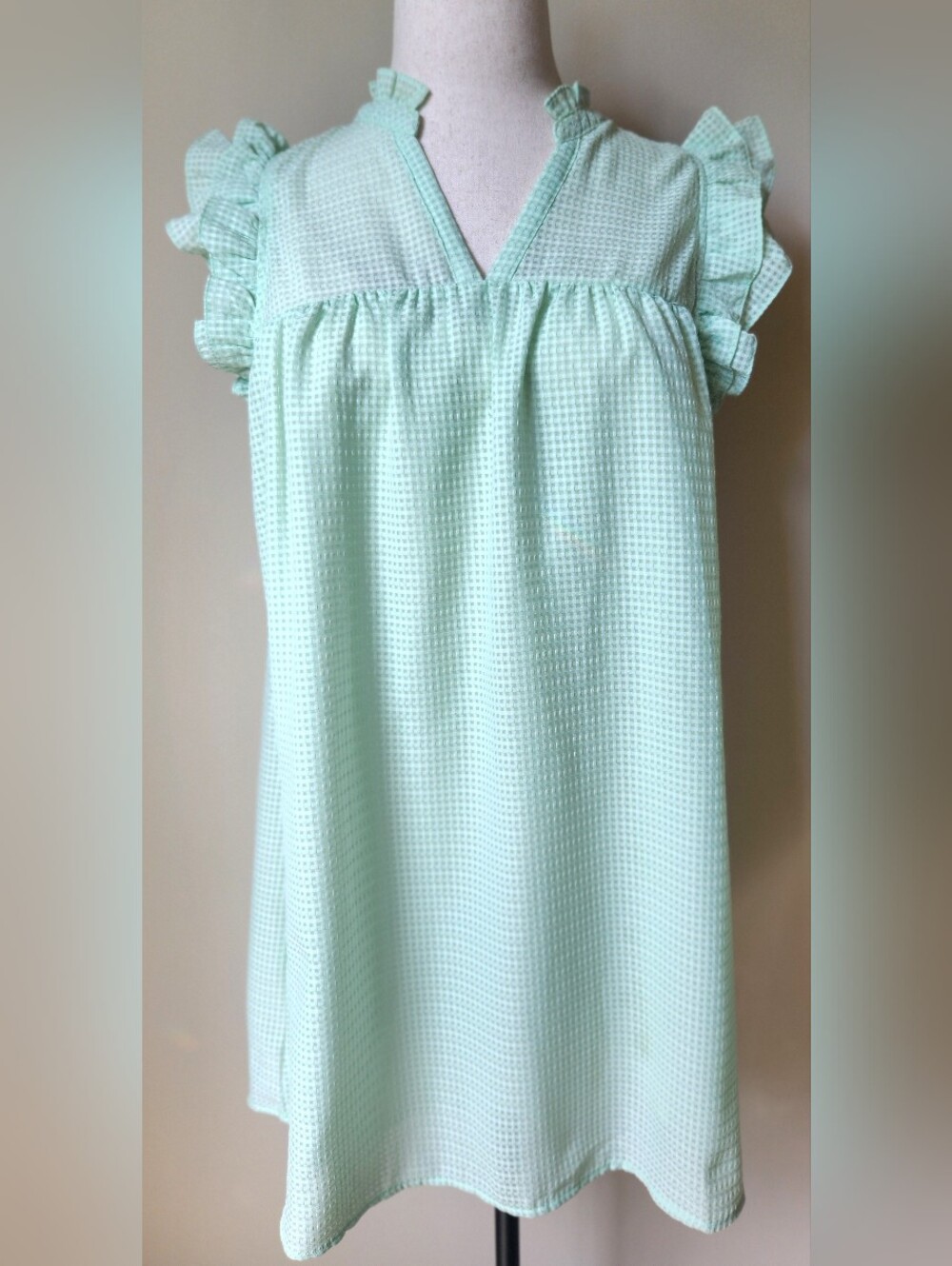 Mint Green Gingham Babydoll Blouse Ruffle Trim Tiered Short Sleeve Top XL Umgee